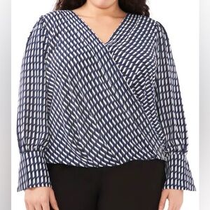 Halogen size 1 Blue & White Asymmetrical Blouse check print faux wrap top